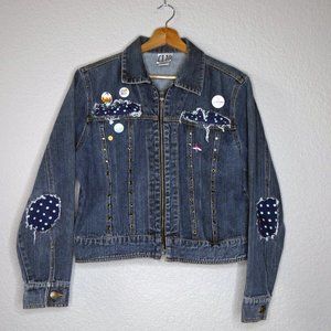 Upcycled Unique Denim Jean Clio Jacket Sz 10 w/ Pins Patches & Polka Dots
